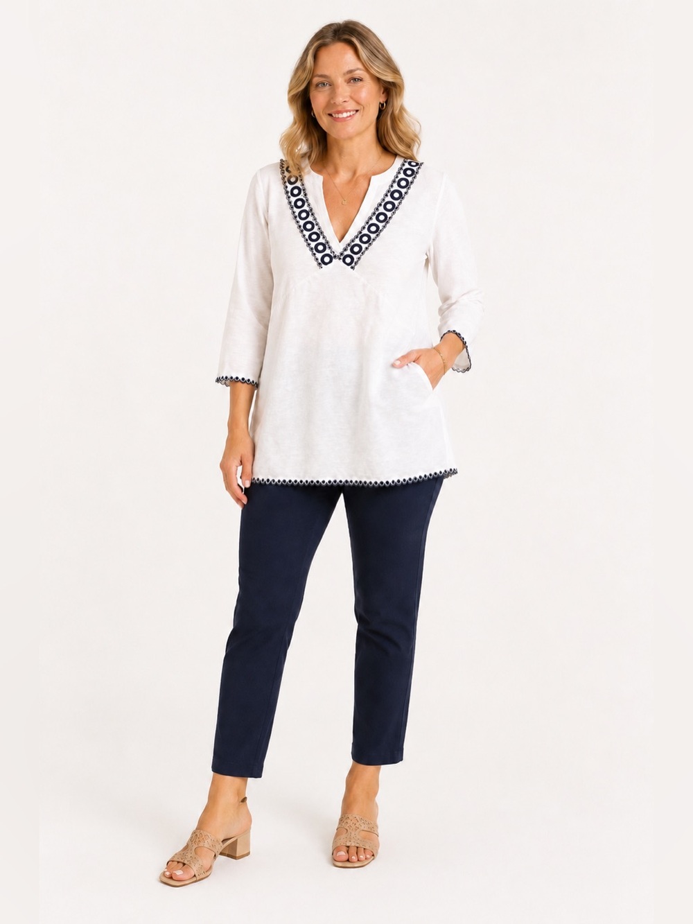 BODEN White Rosanna Jersey Tunic/Dress Cotton Blue Embroidered Trim US 8 *FLAW